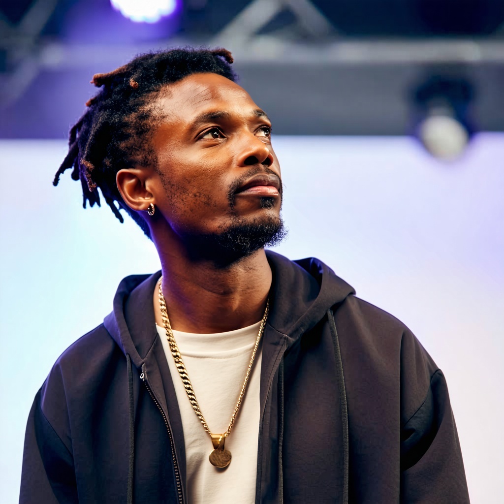A confident Kenyan man in his late 20s warm brown skin expressive eyes short locs wearing a casual hoodie and earrings against a soft blurred stage backdrop thoughtful artistic energy