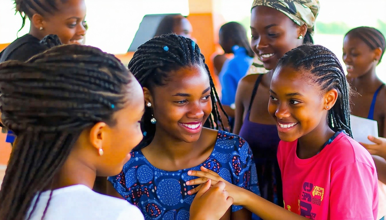 A highquality, dynamic photo of several young African teenage girls gathered together in a bright, welcoming environment-2