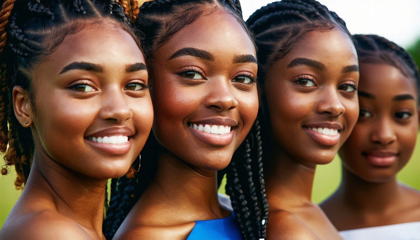  closeup, uplifting portrait of one or more African teenage girls exuding confidence and warmth