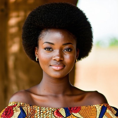 The headshot features a confident Kenyan woman in her early 20s exuding poise and selfassurance Her deep brown skin glows with a radiant warmth while her natural short afro frames her face beautifully highlighting her expressive features She dons a c-1-1