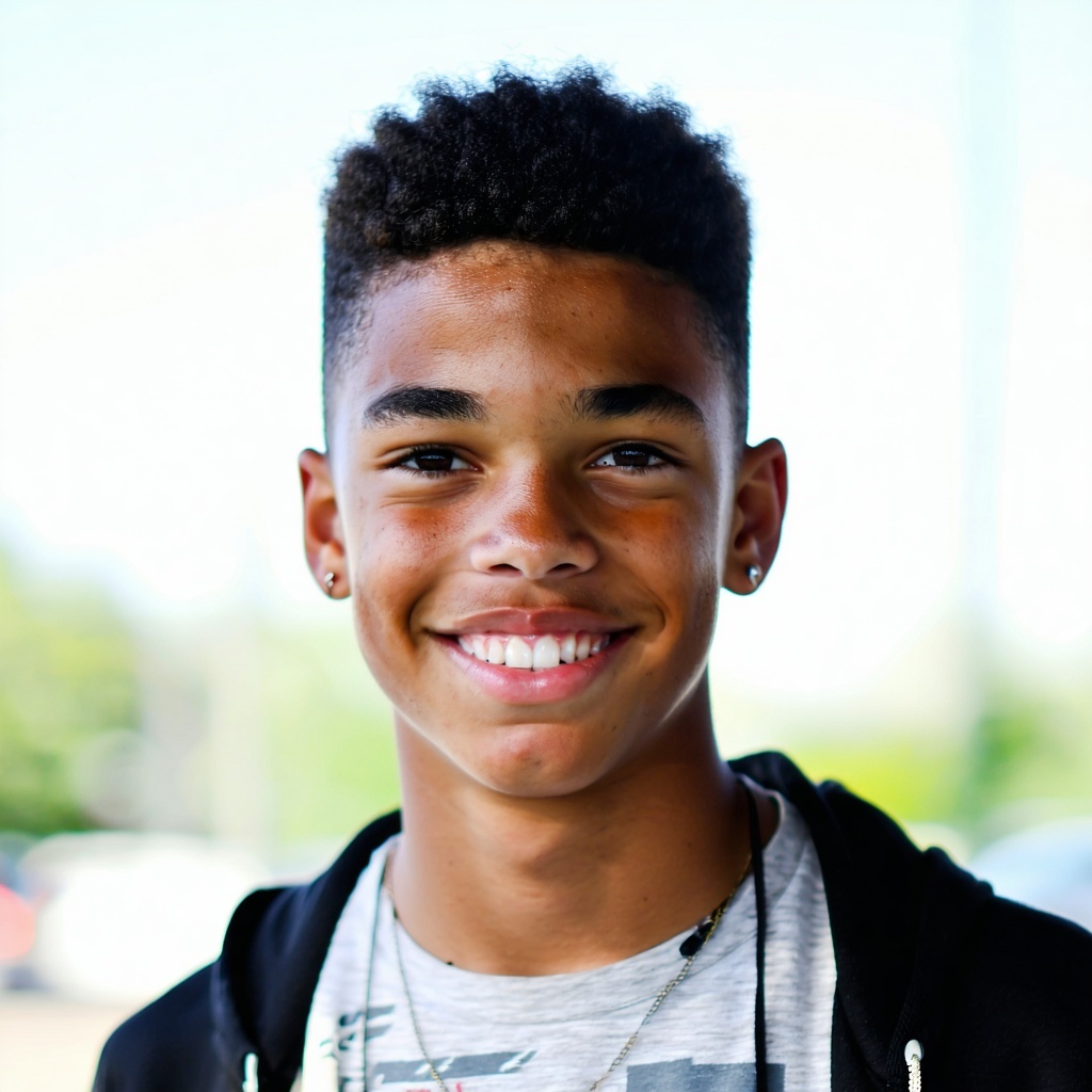 The testimonial headshot image should feature a teenage Black boy with a warm and approachable expression showcasing his natural charisma His hairstyle could be a fresh fade or curls complementing his youthful demeanor He might be dressed in a casual
