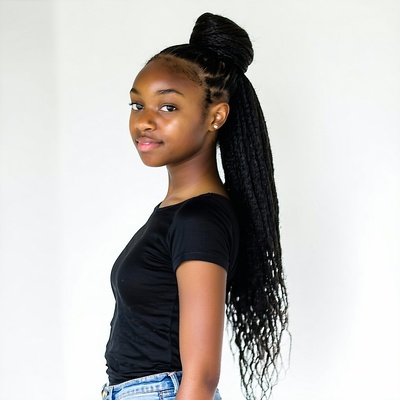 create a headshot testimonial of a A 17yearold Tanzanian girl with deep brown skin and long natural hair in a bun Shes dressed in a simple black top and jeans Background simple and natural-1-1